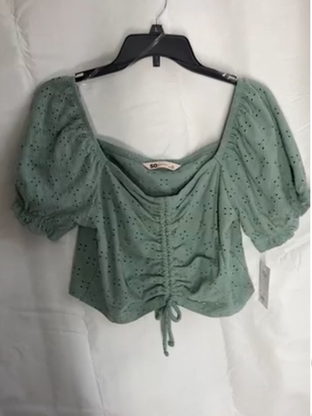 So dull green eyelet cinch string puff sleeve crop top boho party XL jr